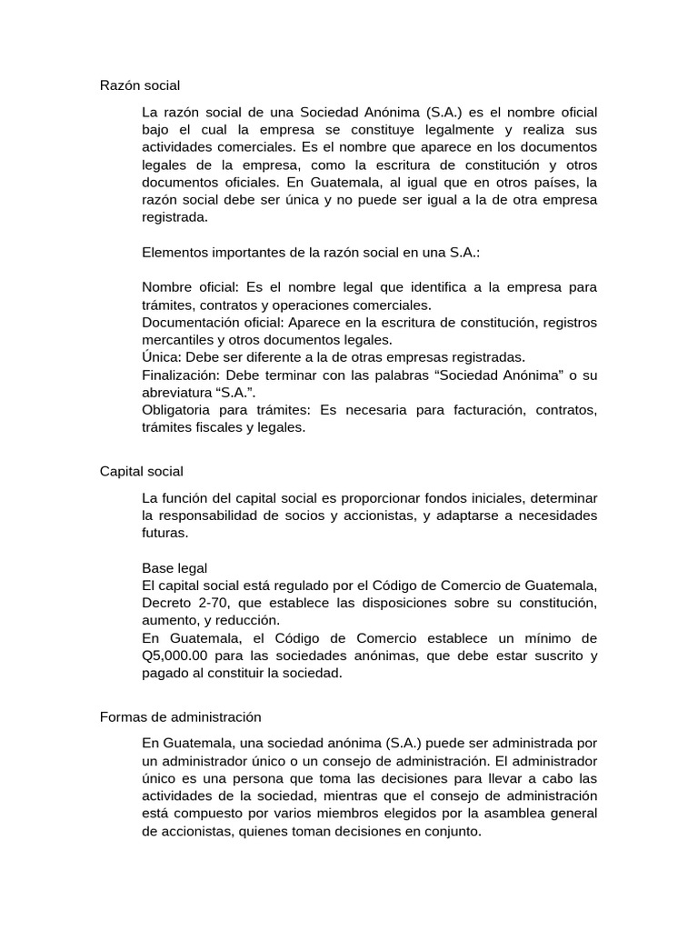 Razón Social y Capital en S.A. en Guatemala | PDF