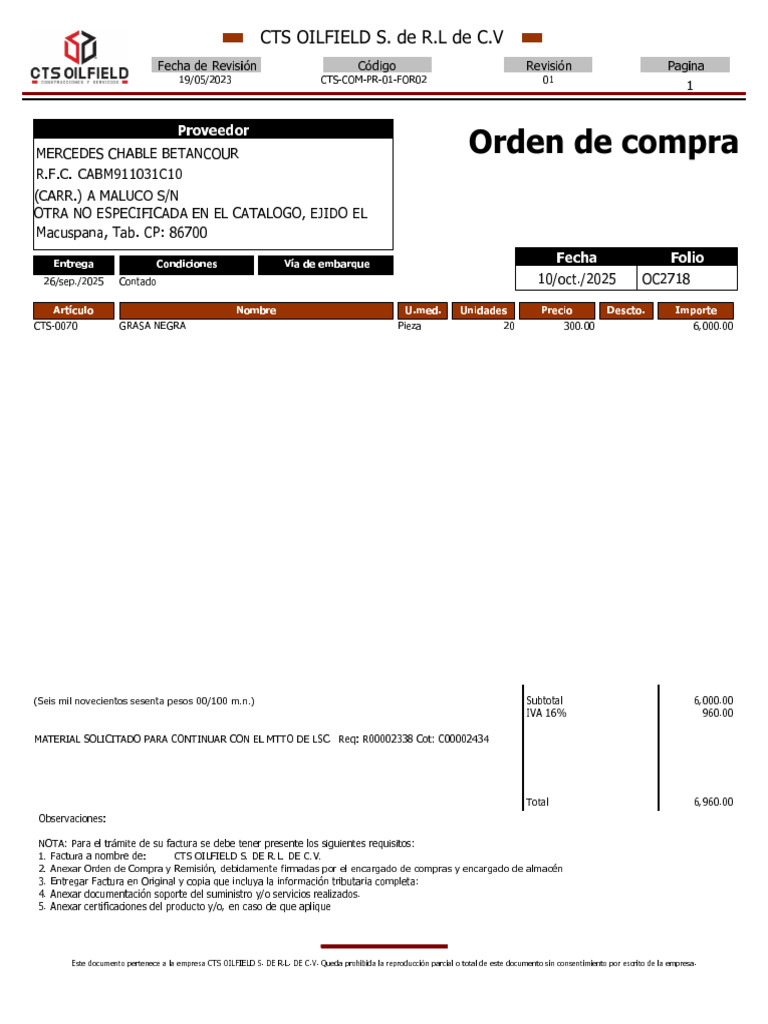 Orden de Compra CTS OILFIELD 2025 | PDF