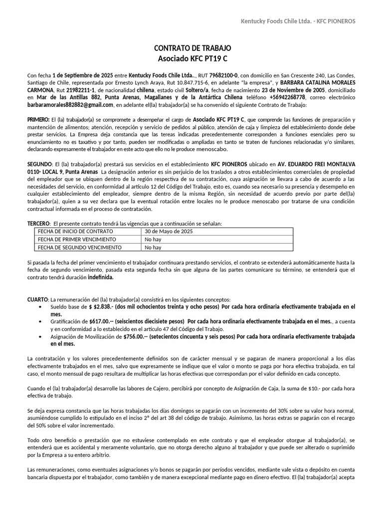 Contrato de Trabajo KFC Pioneros | PDF | Salario | Bancos