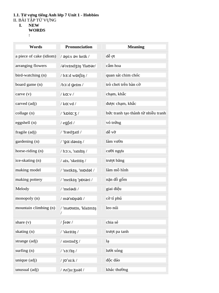 Vocabulary for English 7: Hobbies Unit 1 | PDF