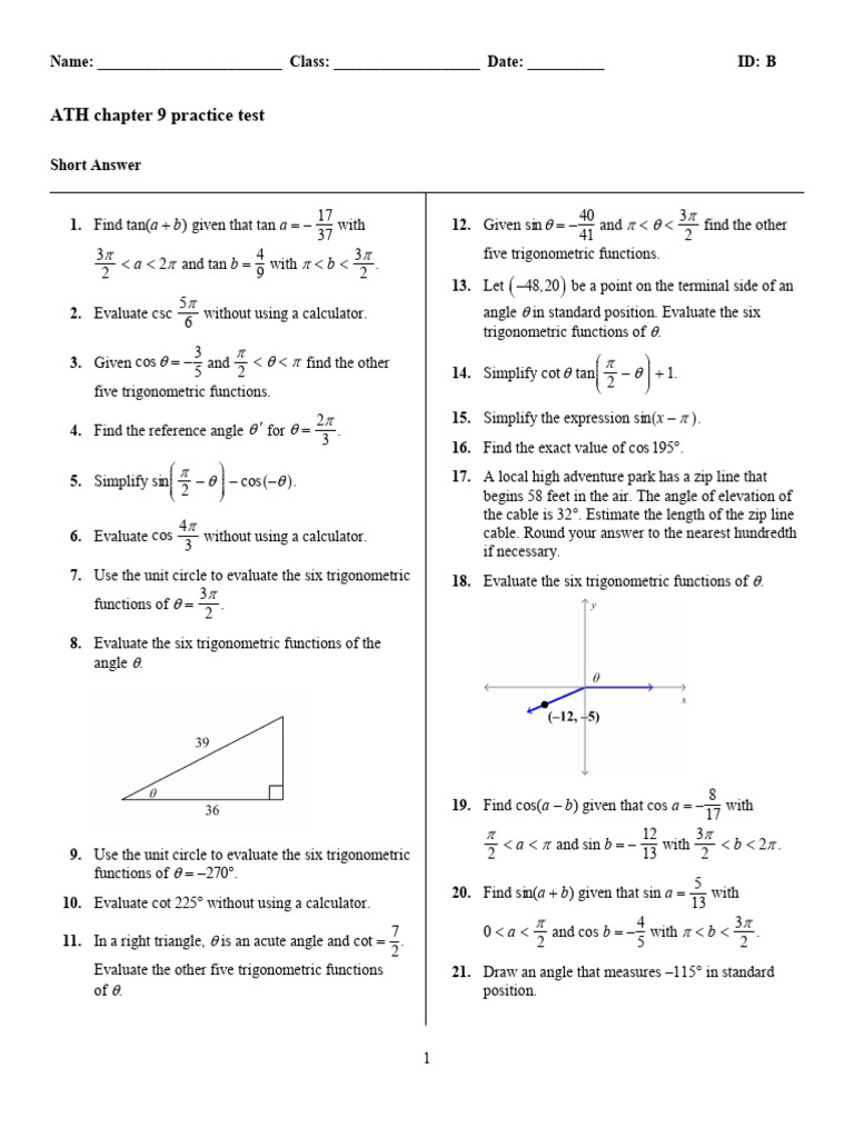 Trigonometry Practice Test Solutions | PDF | Trigonometric Functions ...