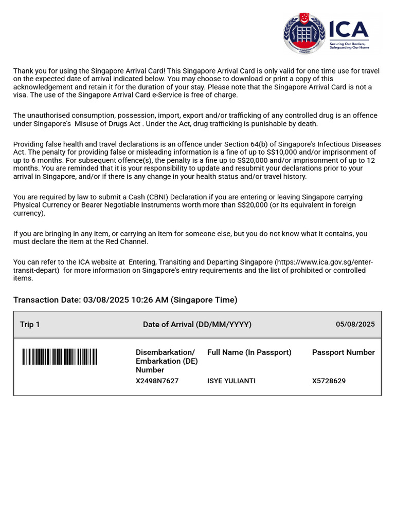 Singapore Arrival Card Instructions | PDF