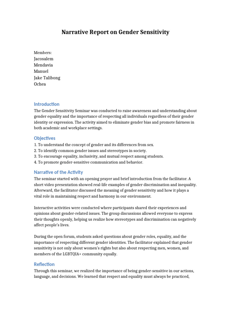 Gender Sensitivity Seminar Report | PDF | Gender Studies | Gender