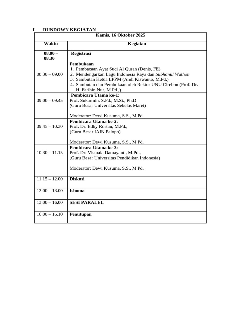 Rundown Kegiatan Seminar 16 Oktober 2025 | PDF