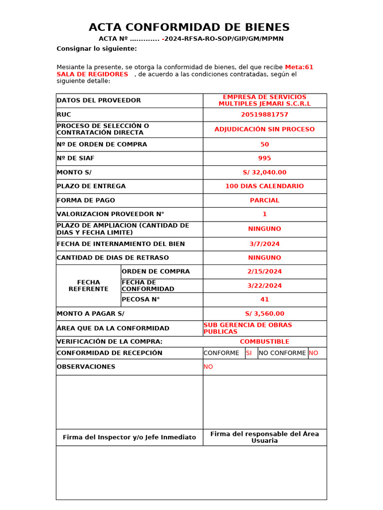 Acta de Conformidad de Bienes 2024 | PDF
