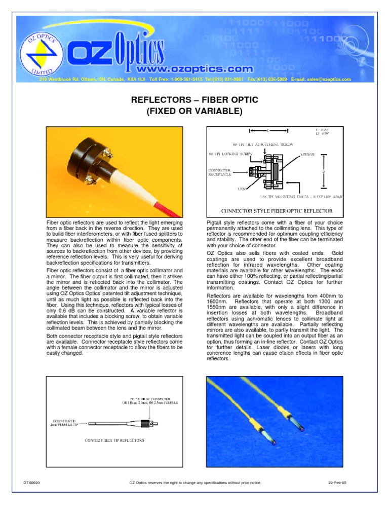 OZ Optics Fiber Reflector PDF Optical Fiber Mirror