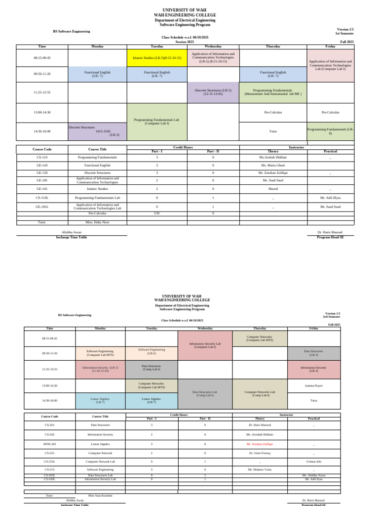 Fall 2025 BS Software Engineering Schedule | PDF | Computing | Computer ...