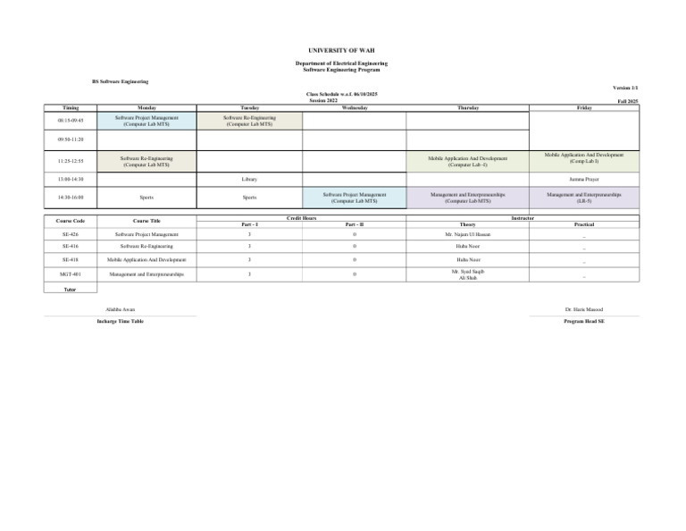 SE-7 Timetable Fall-2025 | PDF | Systems Engineering | Computer Science