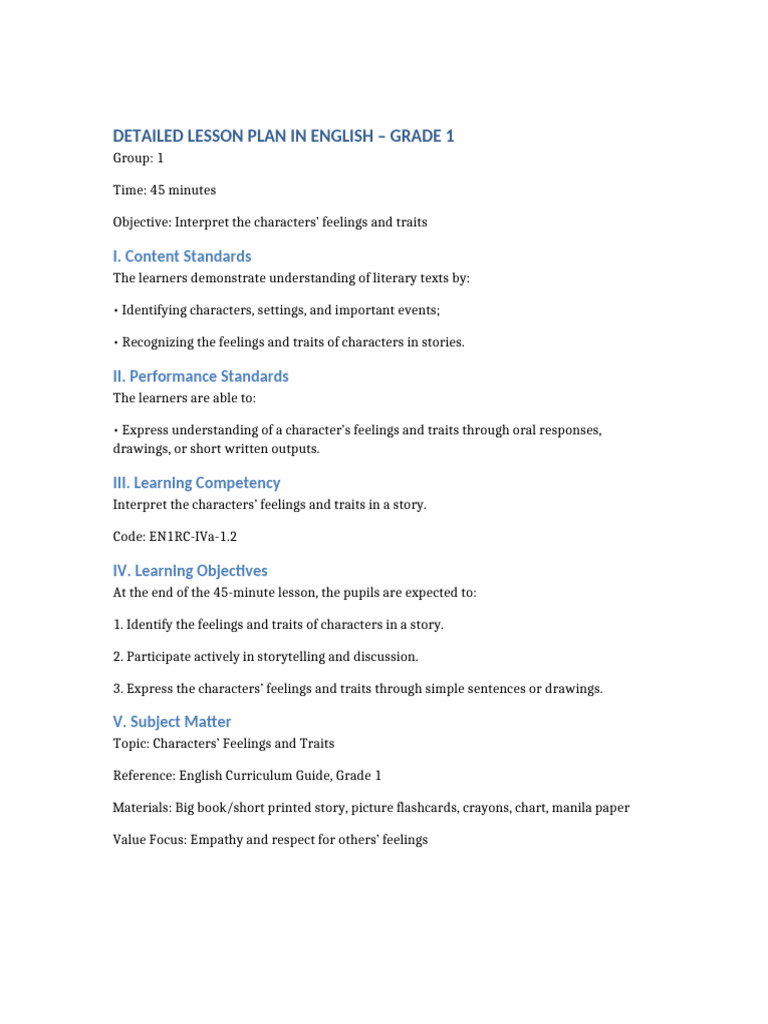 Detailed Lesson Plan Grade1 English | PDF | Lesson Plan | Learning