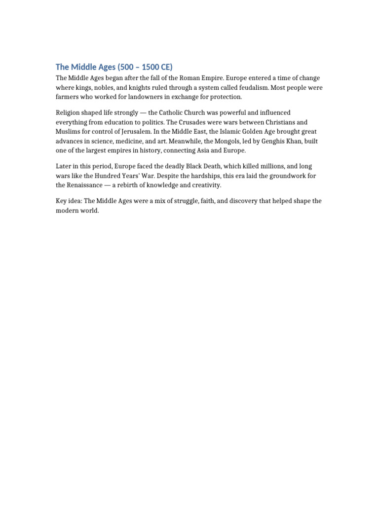 Overview of the Middle Ages (500-1500 CE) | PDF