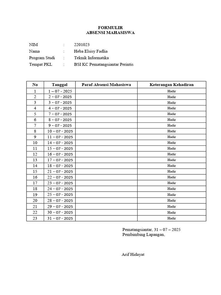 Formulir Absensi PKL Mahasiswa TI | PDF