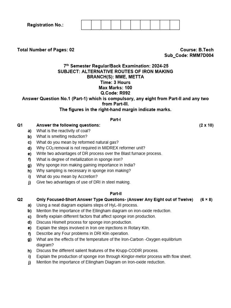 Alternative Routes of Iron Making Exam 2024 | PDF | Iron | Chemistry
