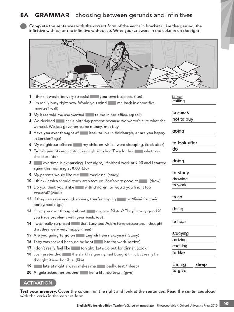 4A File 8A GRAMMAR Choosing Between Gerunds and Infinitives TEACHER's ...