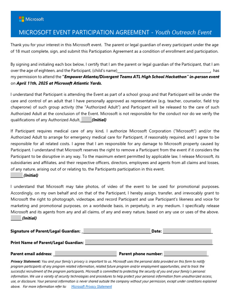 Microsoft Event Participation Form - ATL High School Hackathon | PDF ...