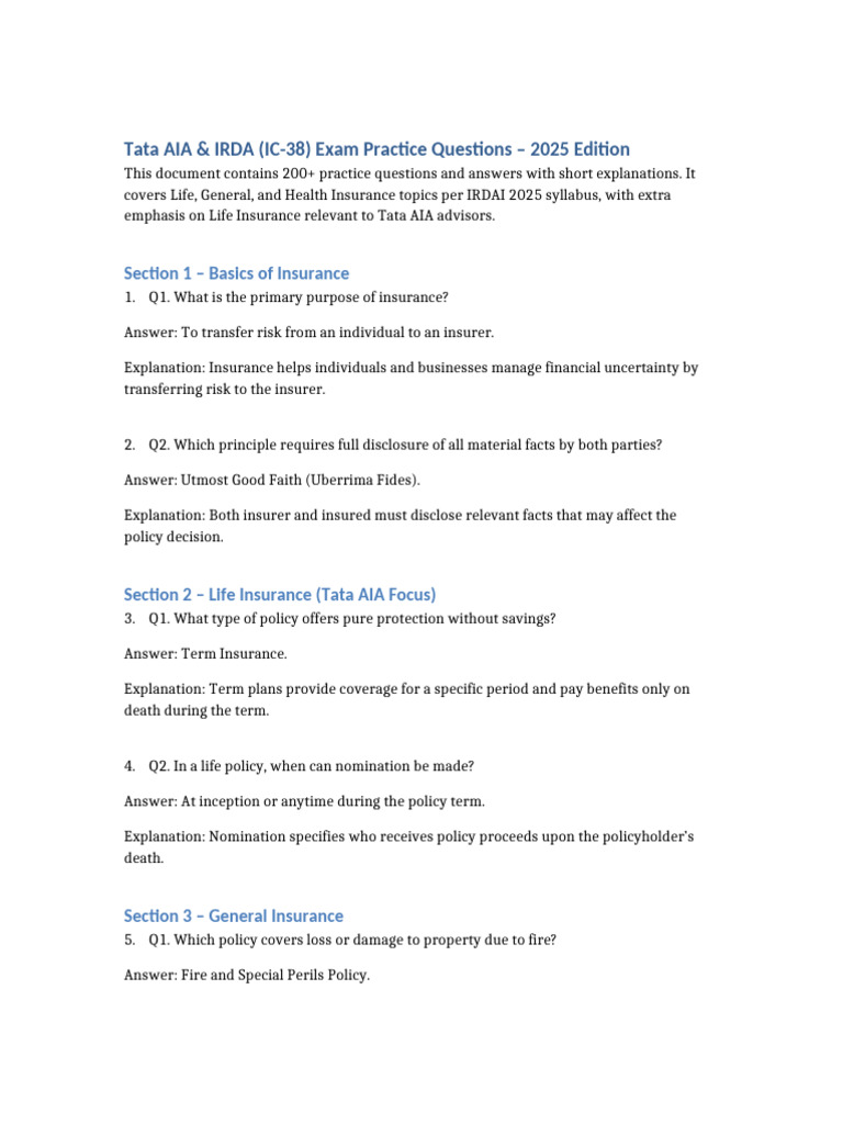Tata AIA & IRDA Exam Practice Questions | PDF | Insurance | Life Insurance