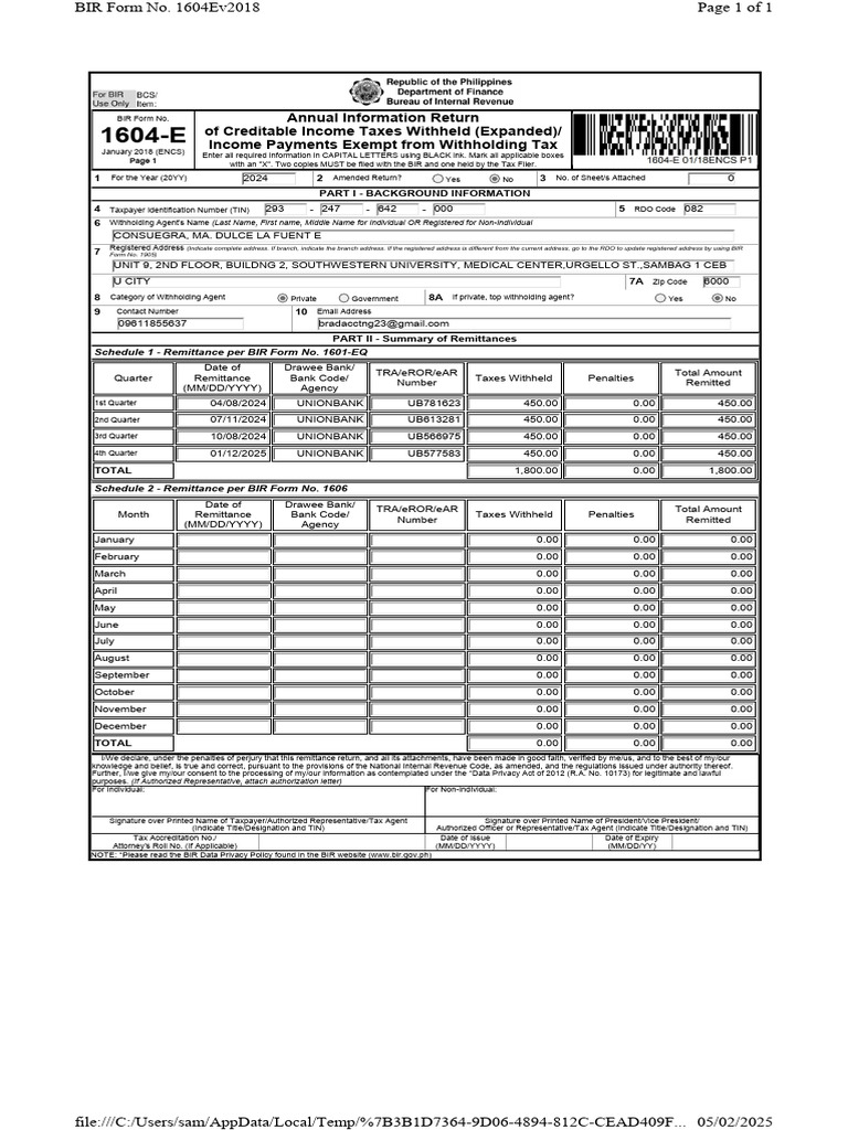 BIR Form 1604-E: Annual Tax Return 2024 | PDF | Payments | Government ...