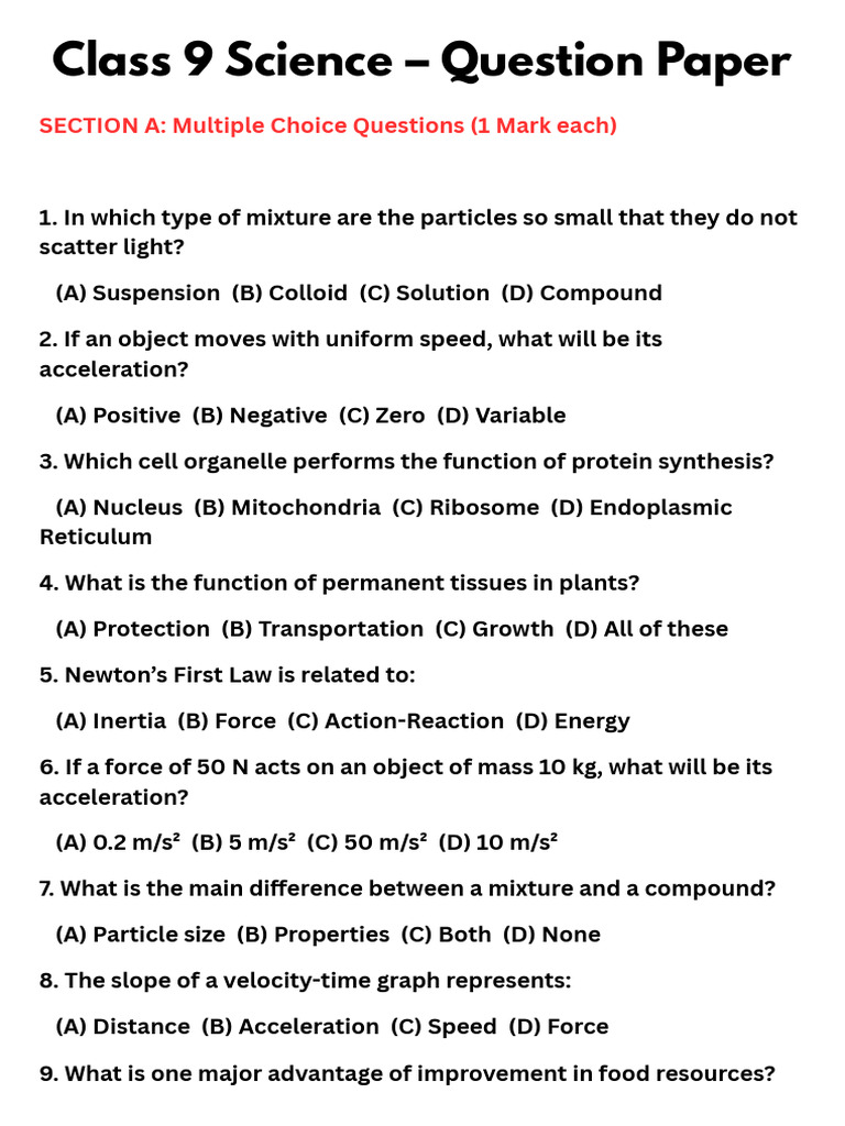 Class 9 Science - Hard Level Question Paper - 20251012 - 190548 - 0000 ...
