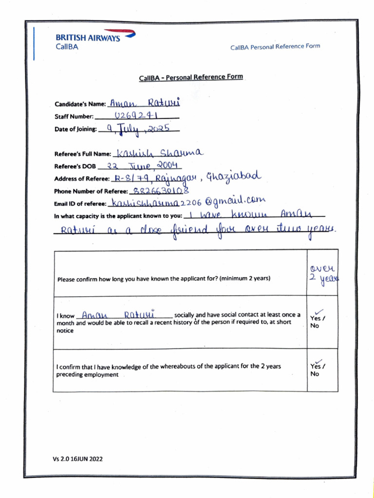 British Airways Personal Reference Form | PDF