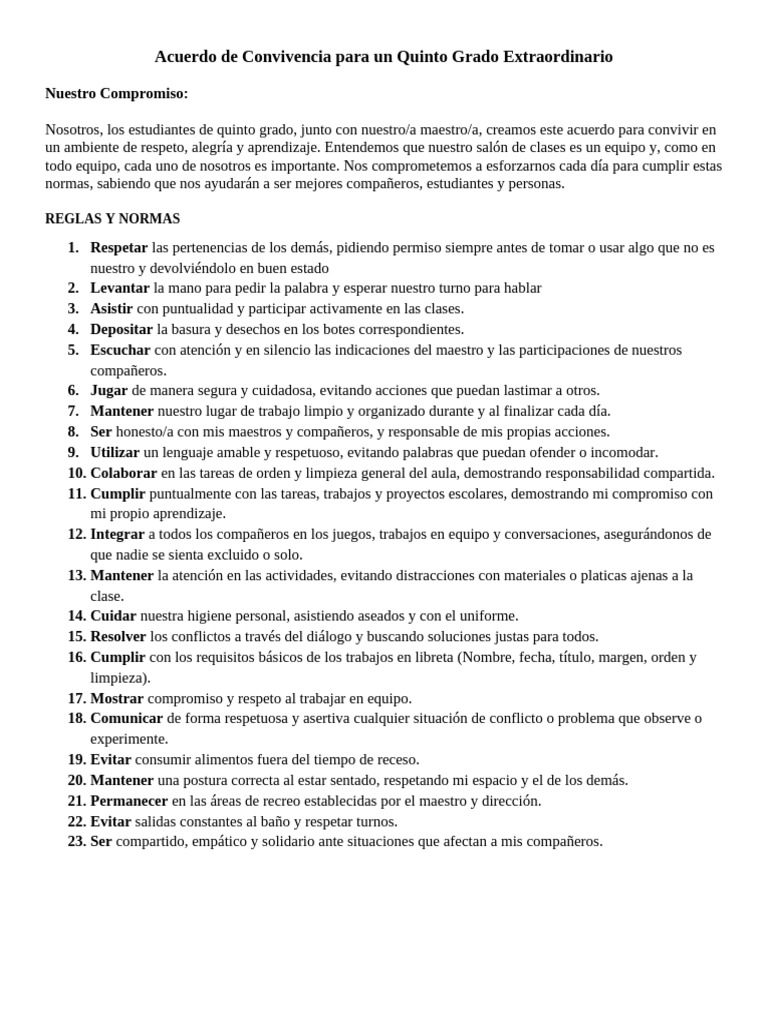 Acuerdo de Convivencia Quinto Grado | PDF