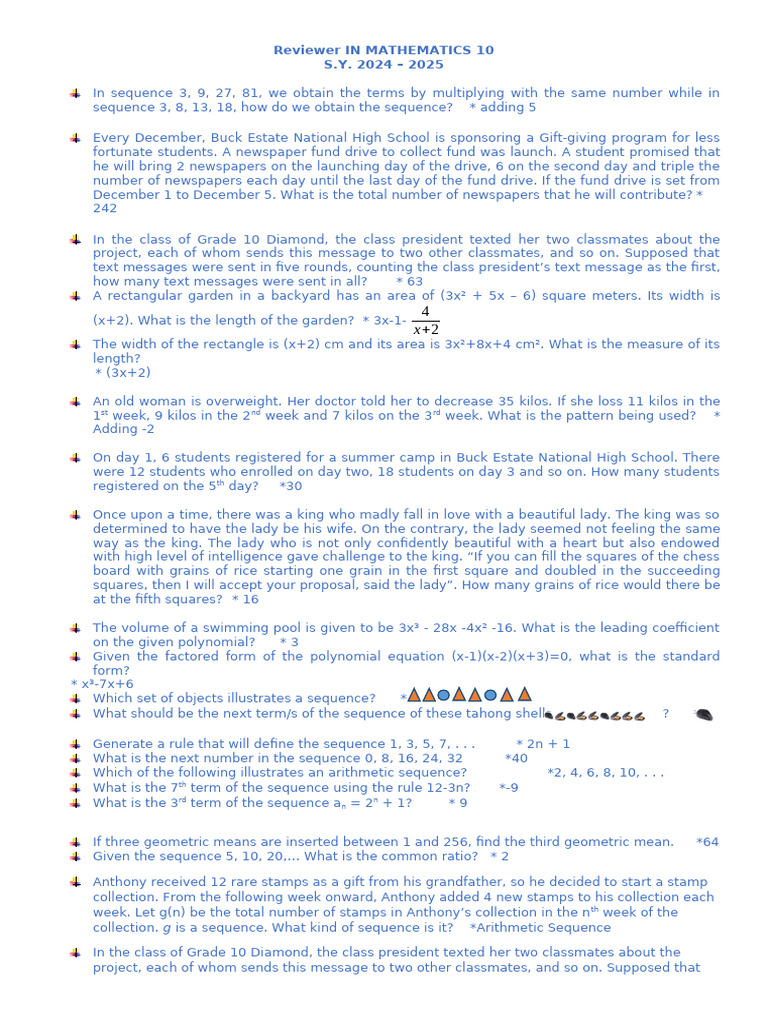 Grade 10 Math Reviewer: 1st Quarter | PDF | Factorization | Polynomial