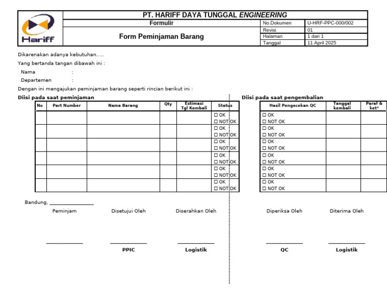 Formulir Peminjaman Barang PT Hariff | PDF