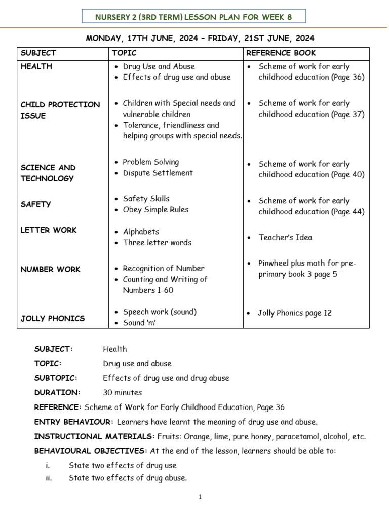 Nursery 2 Lesson Plan: Week 8 | PDF | Phonics | Lesson Plan