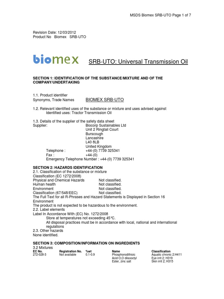 SRBUniversal Transmission Oil MSDS PDF Toxicity Dangerous Goods
