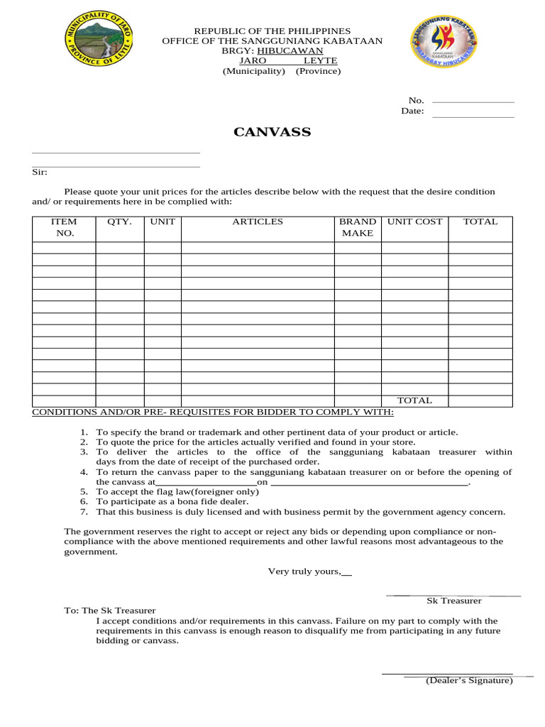 Canvass Form for SK Bidding in Leyte | PDF | Chess Theory