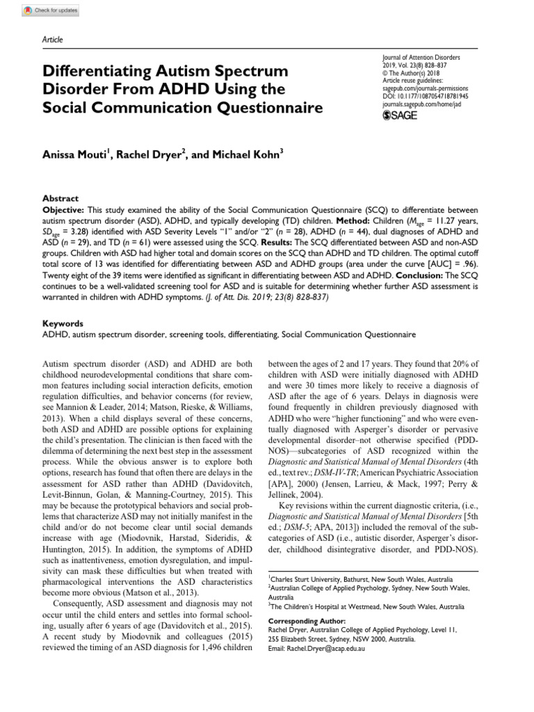 Differentiating ASD from ADHD Using SCQ | PDF | Autism | Attention ...