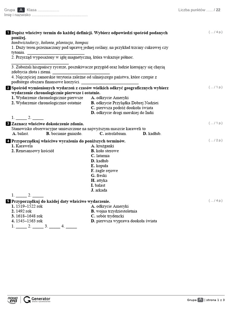 Rozdział I, Test NR 1 Test Historia Klasa 6 | PDF