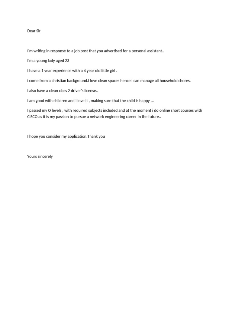 Personal Assistant Job Application Letter | PDF