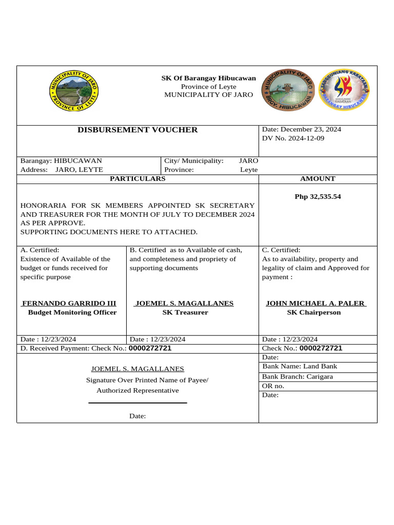 Disbursement Vouchers for SK Hibucawan | PDF | Payments | Money
