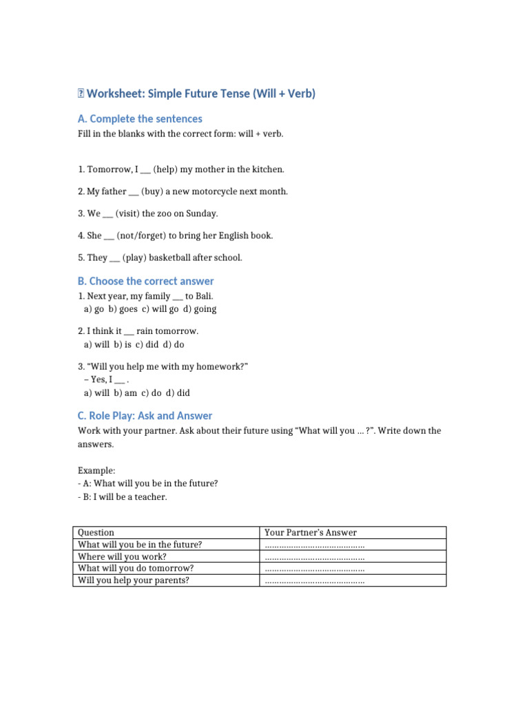 Simple Future Tense Worksheet | PDF