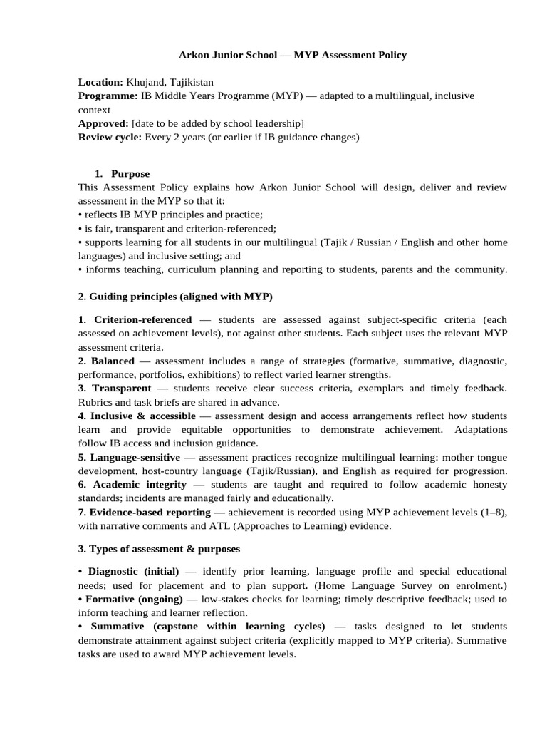 Arkon Junior School MYP Assessment Policy | PDF | Educational ...