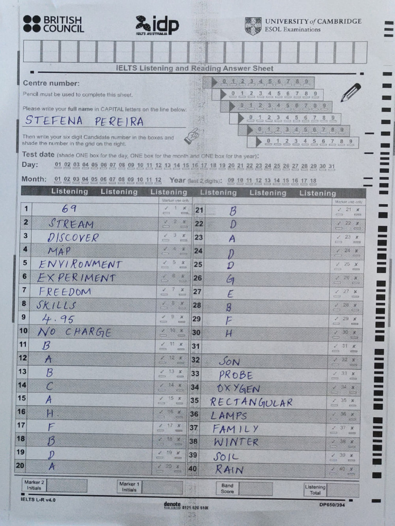 IELTS Listening and Reading Answer Sheet | PDF | International English ...