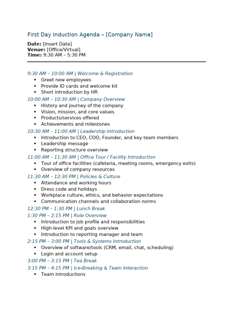 First Day Induction Agenda Template | PDF