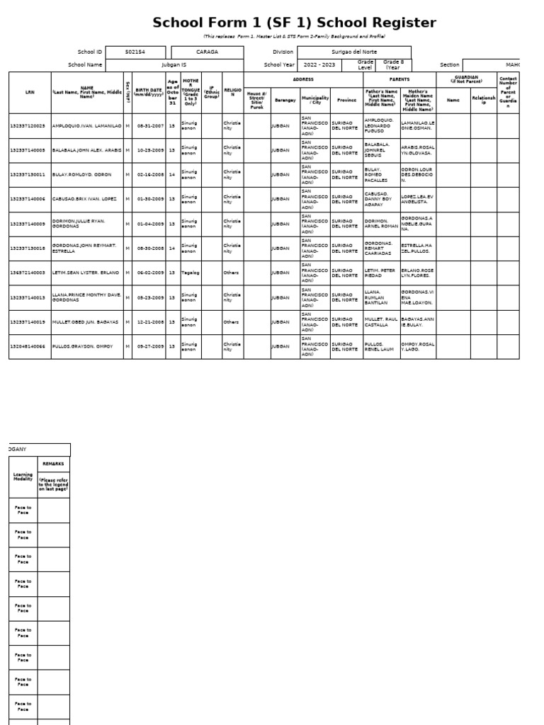 School Register Form SF 1 - 2022-2023 | PDF