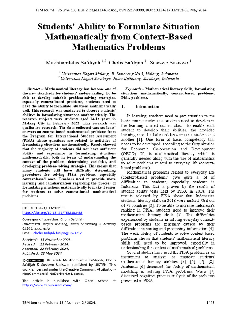 2024 - Students' Ability To Formulate Situation Mathematically From ...