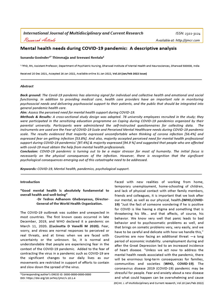 Mental Health Needs During COVID-19 | PDF | Mental Health | Mental Disorder