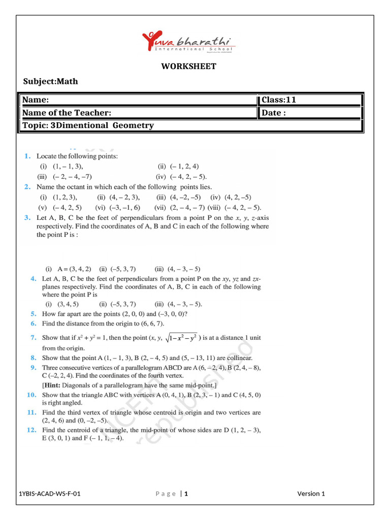 3D Geometry Worksheet for Class 11 | PDF