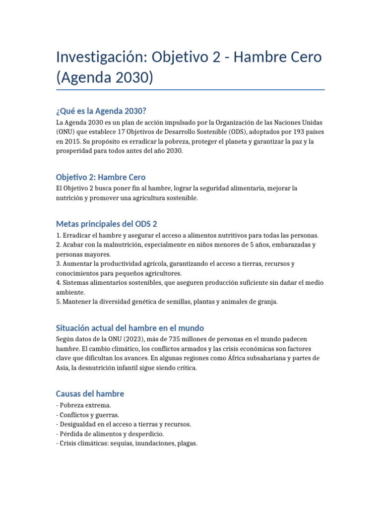Hambre Cero ODS2 Investigacion | PDF | Desnutrición | Sustentabilidad