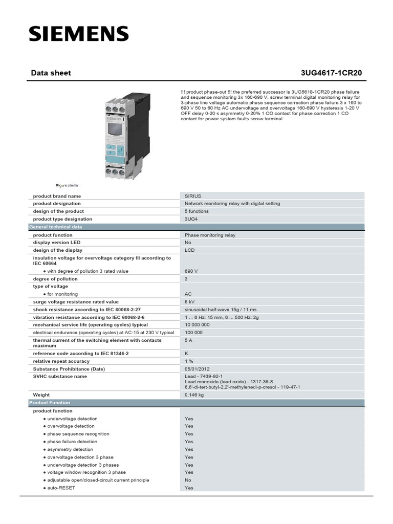 Siemens 3UG4617-1CR20 Data Sheet | PDF | Relay | Alternating Current