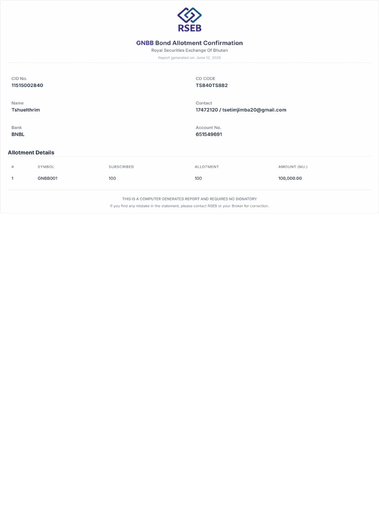 GNBB Bond Statement 11515002840 | PDF