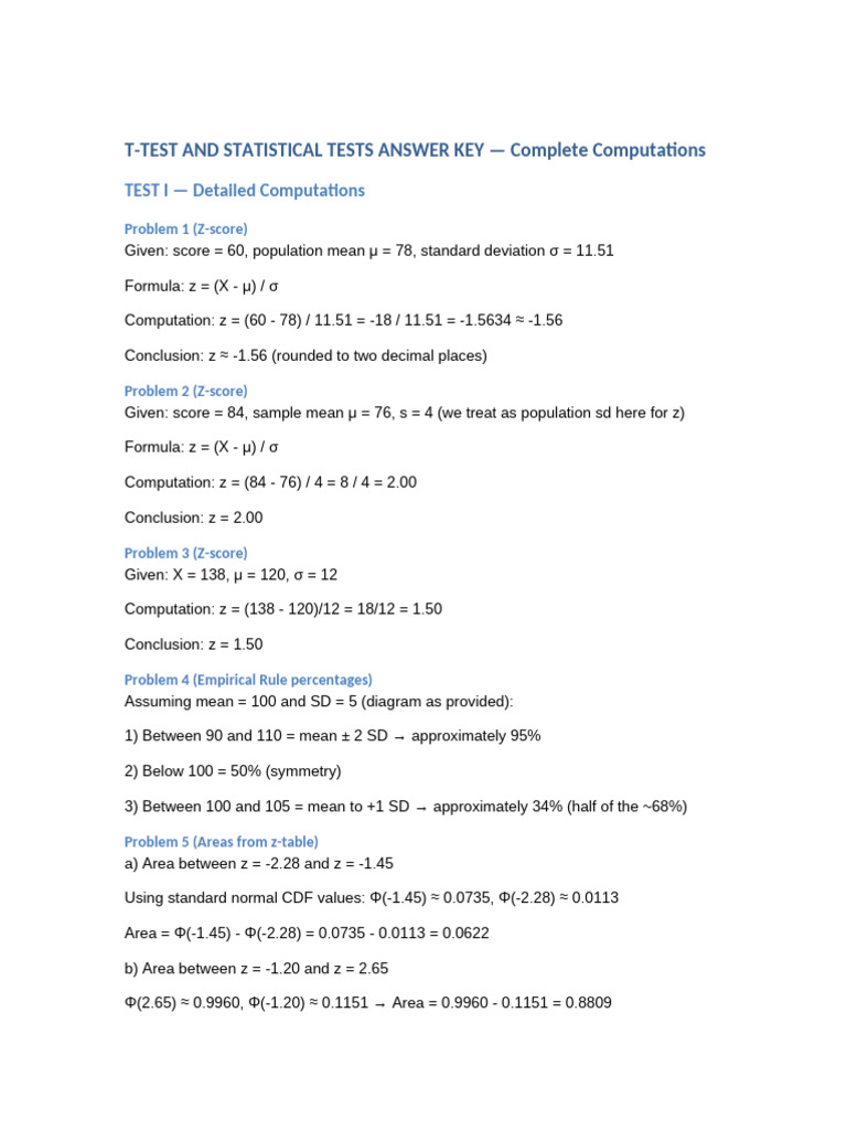 T-Test and Statistical Tests Key | PDF | Standard Deviation | Standard ...