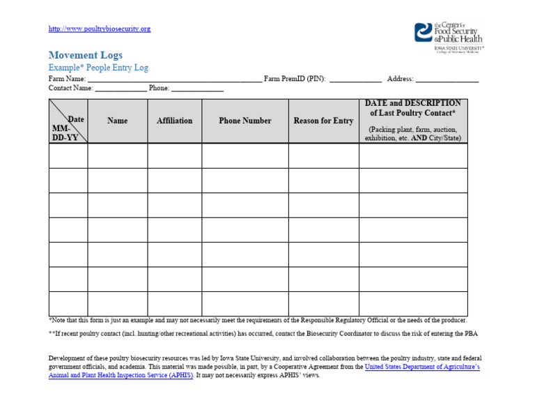 Poultry Biosecurity People Movement Log | PDF