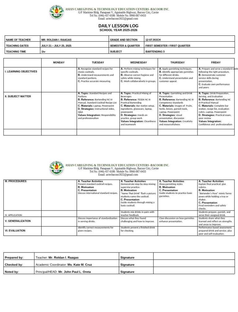 Bartending Lesson Plan for Grade 12 | PDF | Bartender | Behavior ...