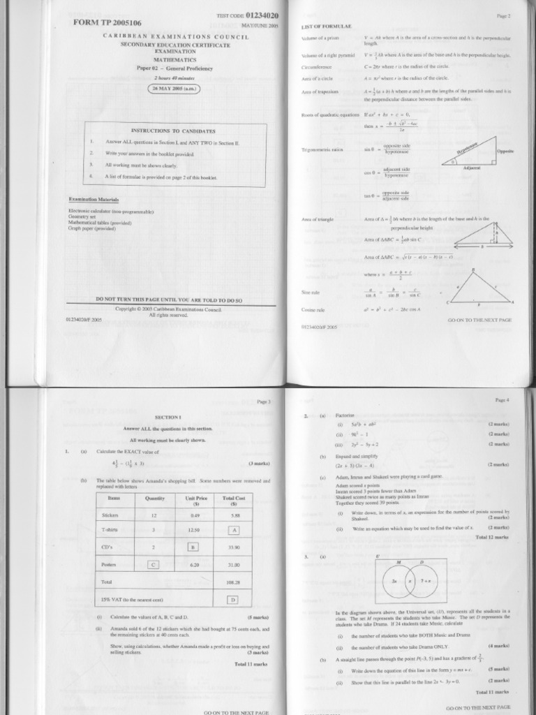 CSEC Mathematics May 2005 | PDF | Sine | Trigonometric Functions