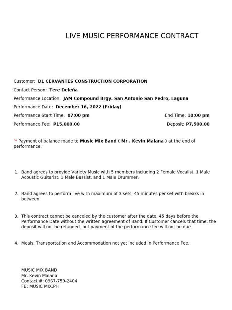 Live Music Performance Agreement | PDF