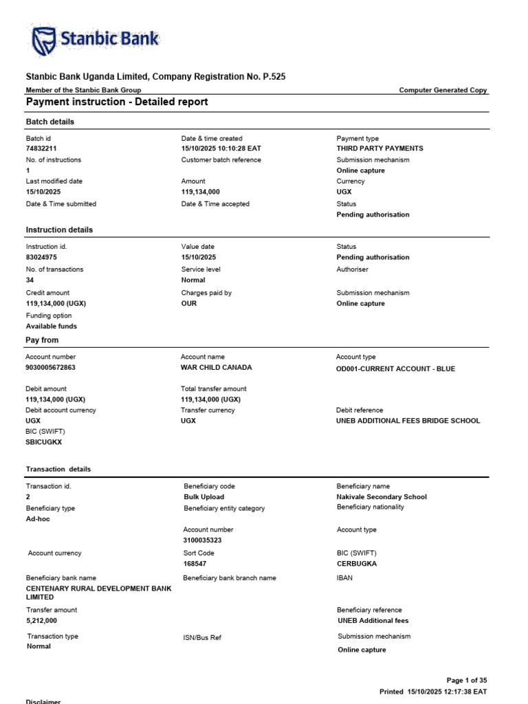 Stanbic Bank Payment Instruction Report | PDF | Banks | Debits And Credits