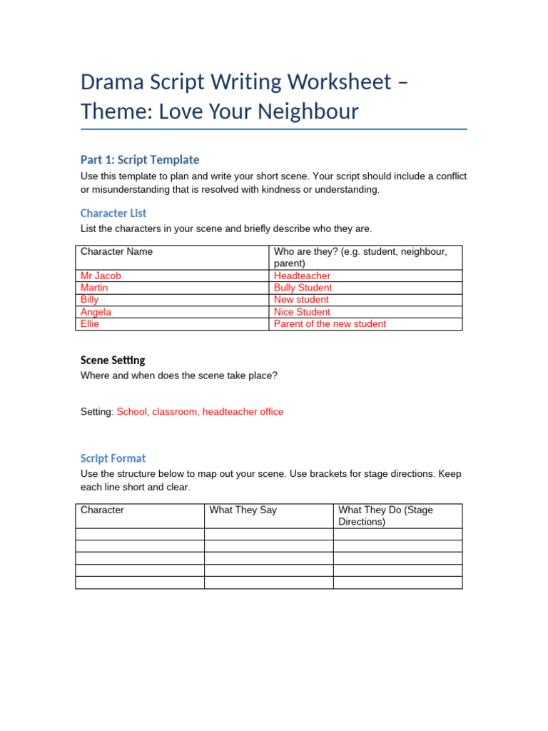 Drama Script Writing Worksheet | PDF